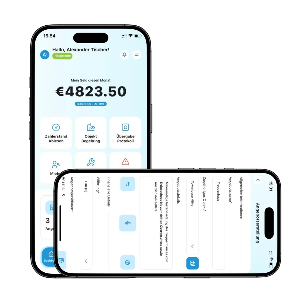 ItsDone App auf zwei Smartphones: Dashboard mit Monatsumsatz und Kacheln für Zählerstand, Objektbegehung und Übergabeprotokoll sowie die Angebotserstellung