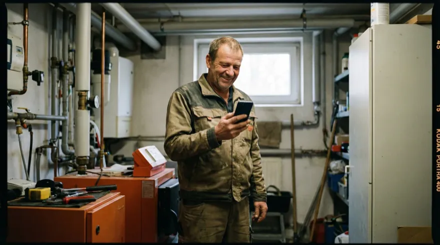 Hausmeister dokumentiert im Heizungsraum die erledigte Arbeit am Smartphone