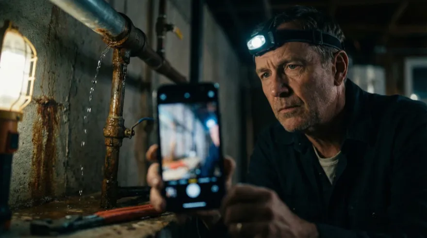 Handwerker fotografiert ein undichtes Wasserrohr im Keller als Beweis für die Schadensmeldung