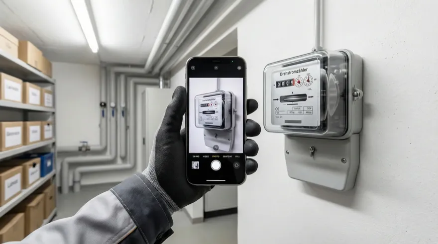 Ablesen eines Drehstromzählers im Keller mit Beweisfoto per Smartphone